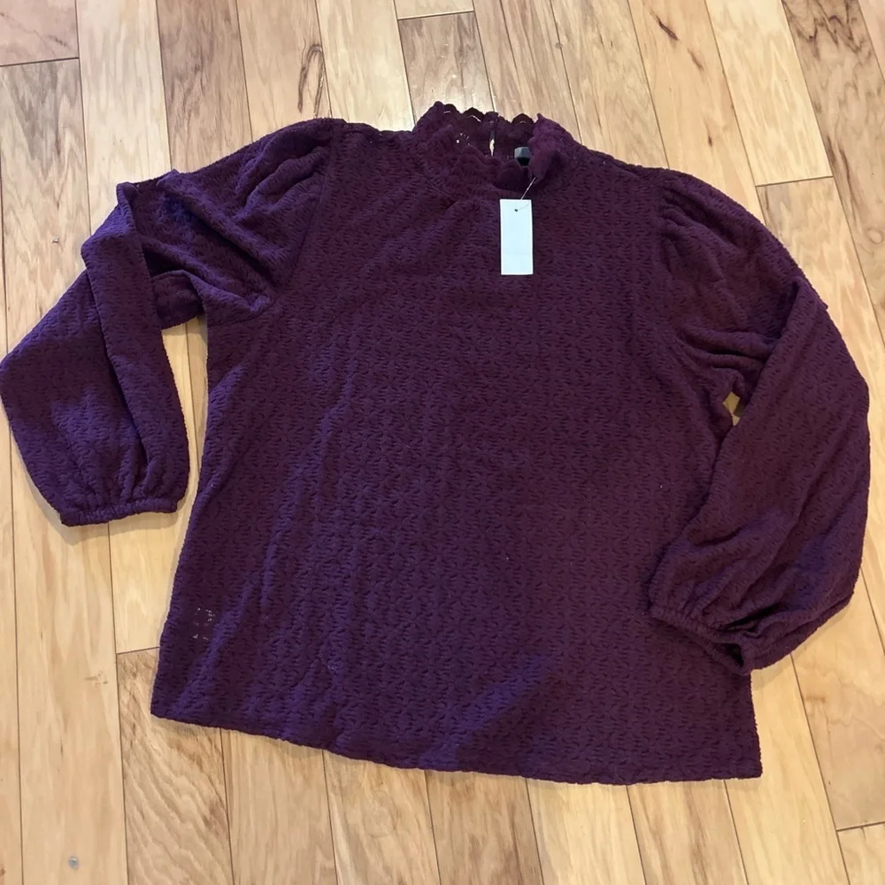 NWT Burgundy Eyelet Mock Neck Blouse Scallop Trim Long Sleeve Top